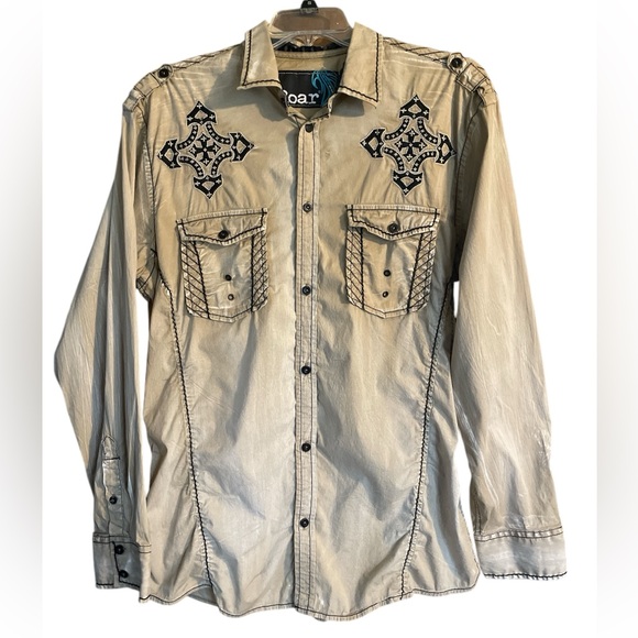Roar Other - Roar Signature Torch Vintage Washed Tan & Black Embroidered Shirt, Size XL